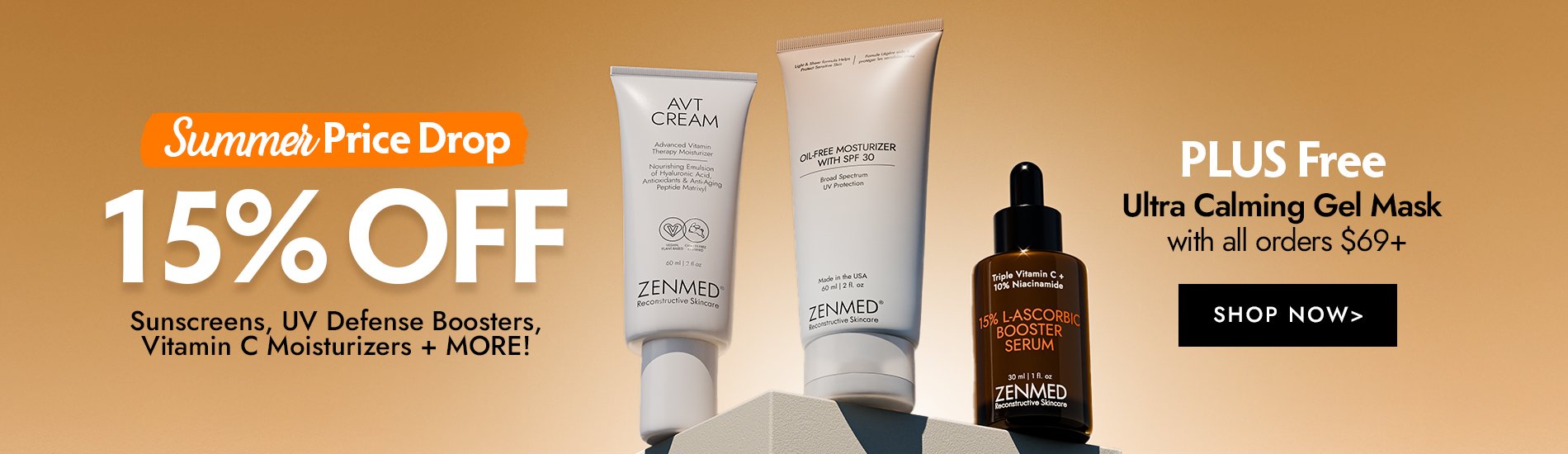 Promotional banner for skincare products with a 15% off discount and free gel mask offer.